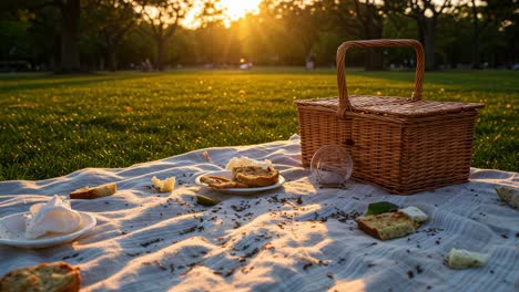 golden hour picnic: a serene evening with delicious snacks and a beautiful sunset in a lush green park setting