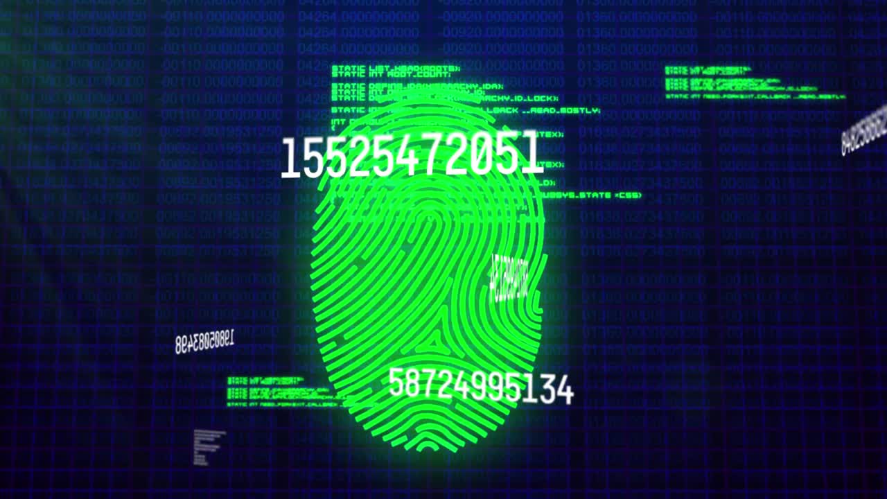 animación de números que cambian el procesamiento de datos con huellas dactilares biométricas