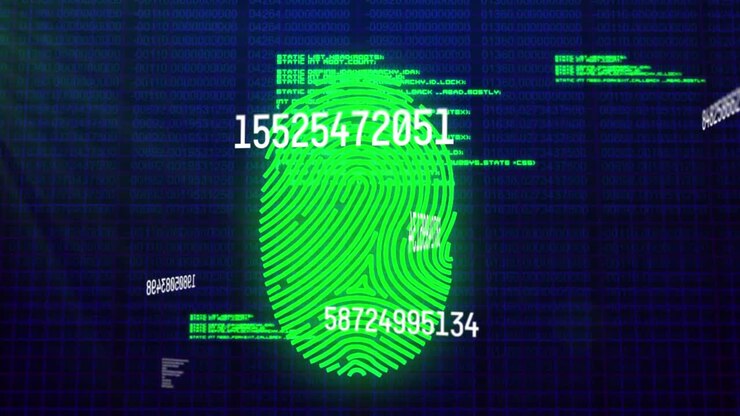 Animation of numbers changing data processing against biometric fingerprint