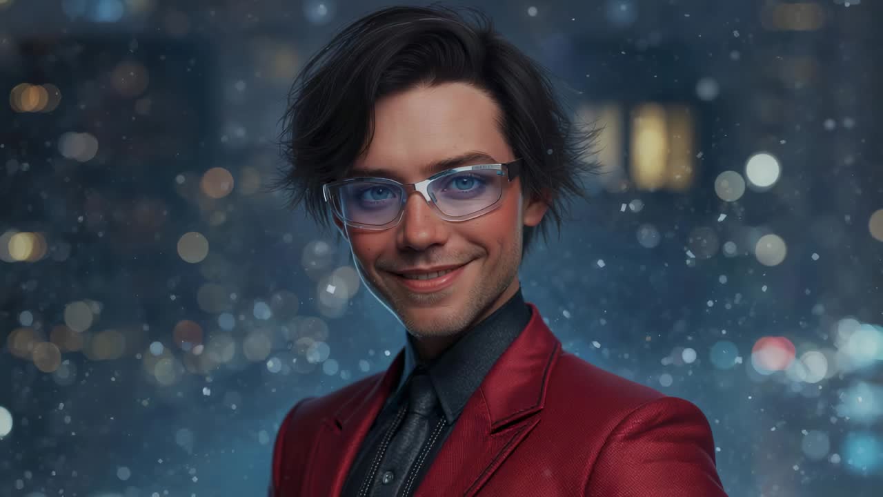 Framing urging man in red blazer centering head, smiling in city night, falling snow for portrait