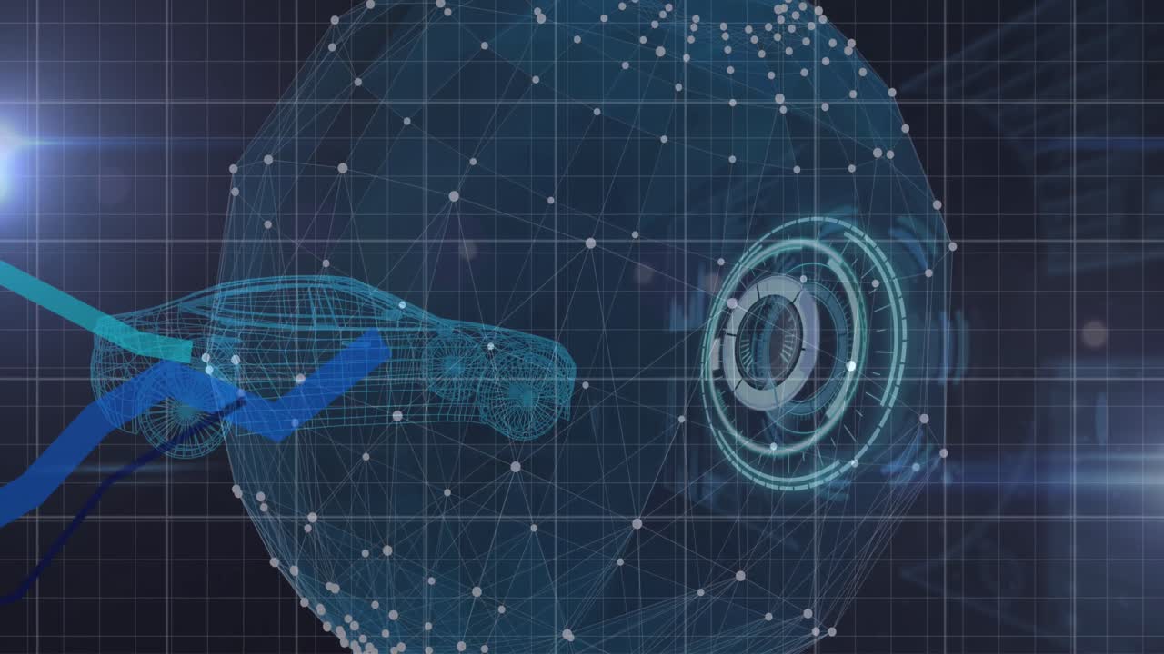 animación del escaneo del alcance y el procesamiento de líneas azules sobre el globo y el giro del modelo de automóvil 3d