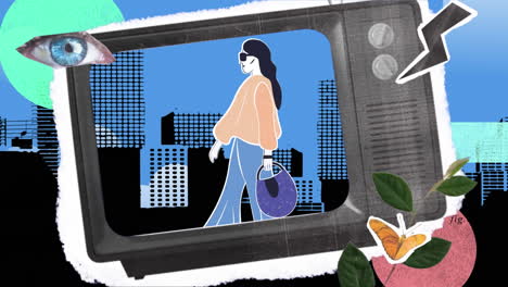 animación de dibujo de moda de modelo sobre el paisaje urbano