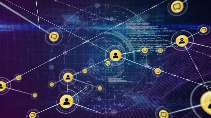 Animation of network of profile icons over spinning globe and data processing on blue background