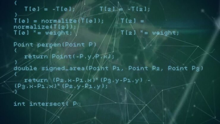 Animation of networks of connections and data processing over black background