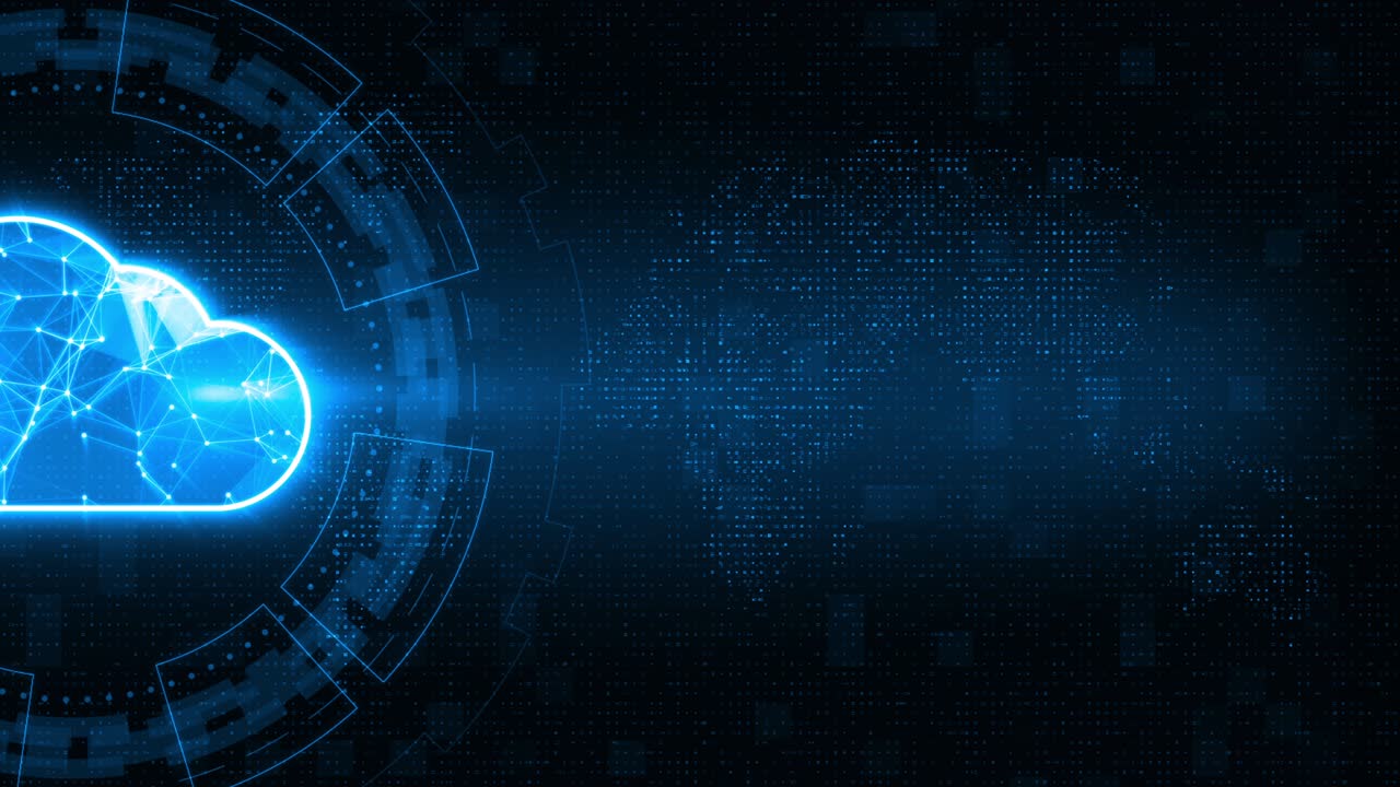 Motion graphic of Blue cloud computing with circle rotation on earth maps background and futuristic technology abstract background network security concept