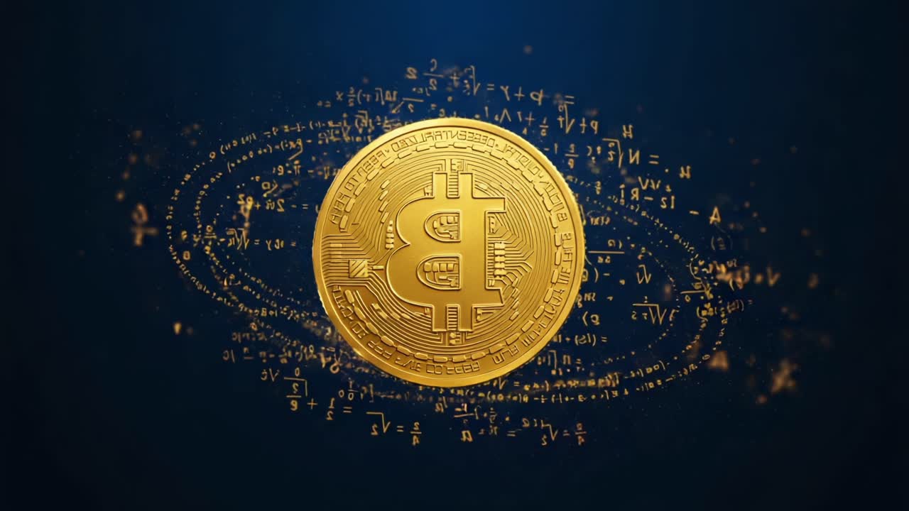 An Impressive Visual Representation of Cryptocurrency, Showcasing a Stunning Golden Coin Surrounded by Mathematical Symbols and Digital Elements in a Cosmic Setting