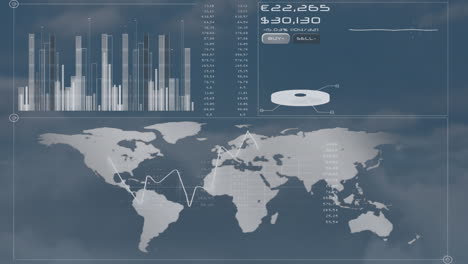 animación del mapa del mundo y procesamiento de datos sobre el cielo con nubes
