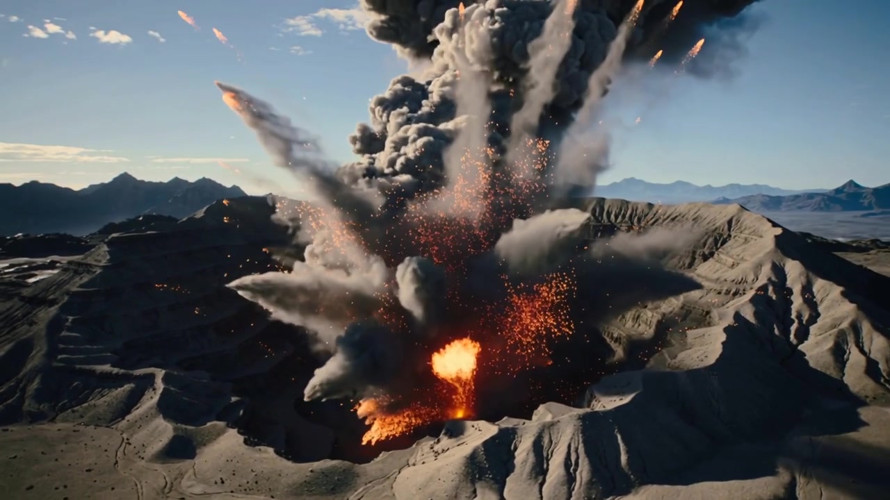 Magma som strømmer ut, vulkankrater som sender lavabomber og pulserende askesøyle i et basseng etter et flammende utbrudd