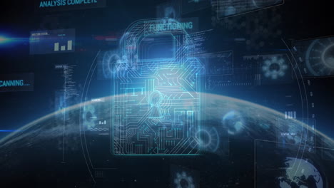animation of online security padlock over scopes scanning and data processing
