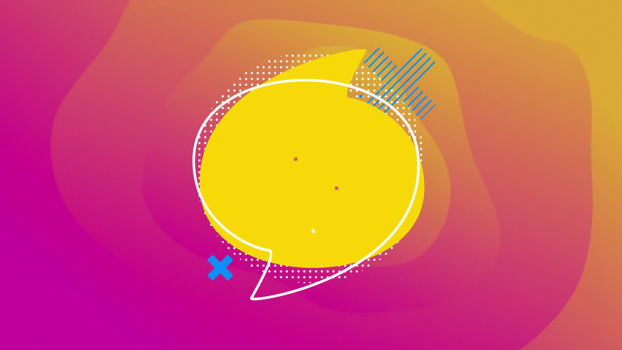 Large yellow speech bubble floating in magenta orange gradient, showing white dots and blue accents