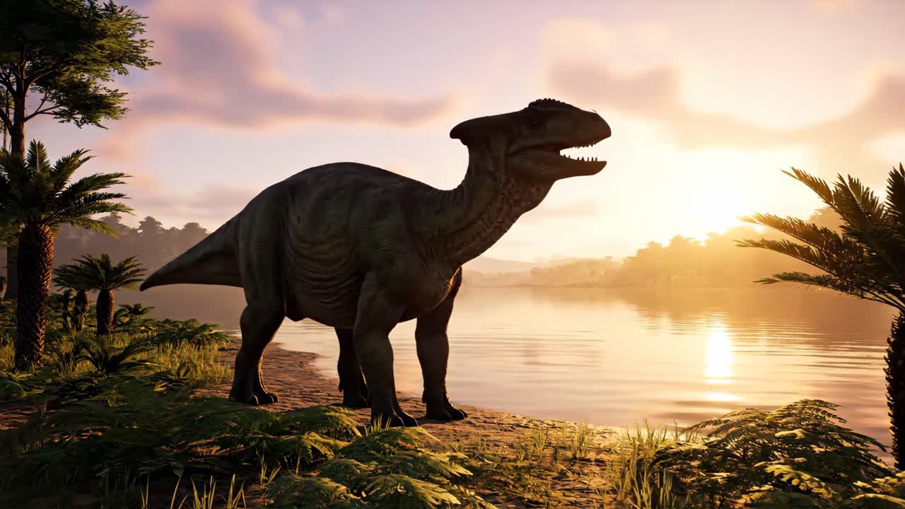 Saurolophus dinosaur by a lake at sunset