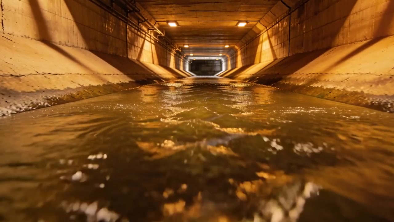 Flowing water entering frame and pushing ripples across concrete channel catching overhead lights