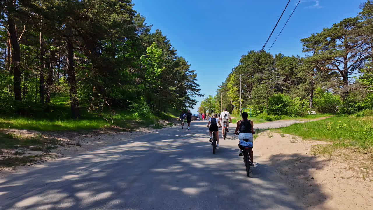 People cycling on a sunny path through a forest