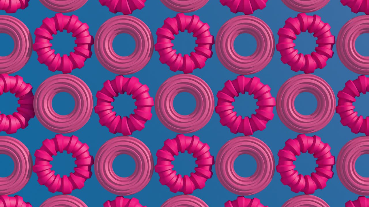 핑크색 스처링 링 회전, 파란색 배경, 추상 애니메이션, 3d 렌더링