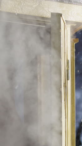 scraggly unkempt man steps out of steaming sauna into winter snowfall, vertical