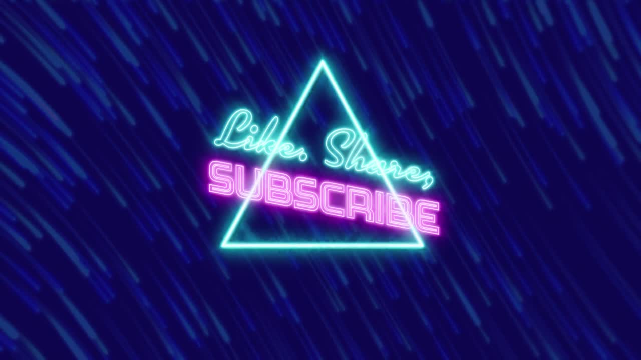 네온의 애니메이션 라이크, 공유, 서브라이브 텍스트 배너 삼각형 배너 위에 빛 트레일에 대항