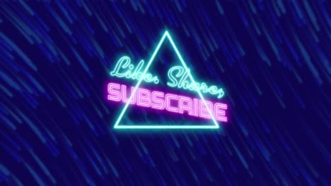 animación de neón como, compartir, suscribir el banner de texto sobre el banner triangular contra los senderos de luz