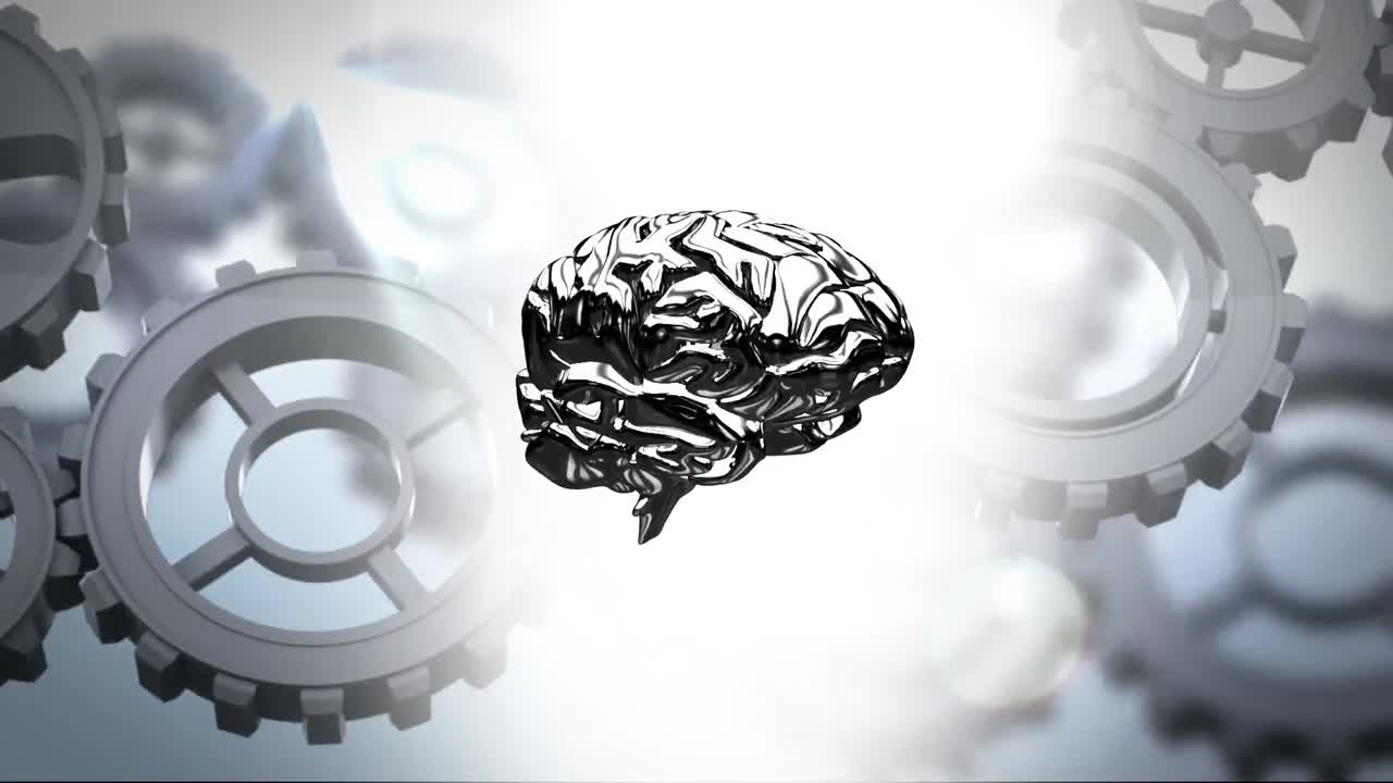 icono del cerebro humano girando sobre engranajes giratorios contra un fondo gris