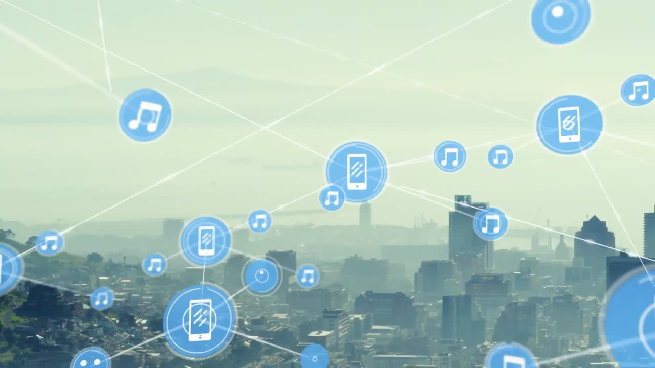 Animazione di una rete di icone digitali su una veduta aerea di un paesaggio urbano
