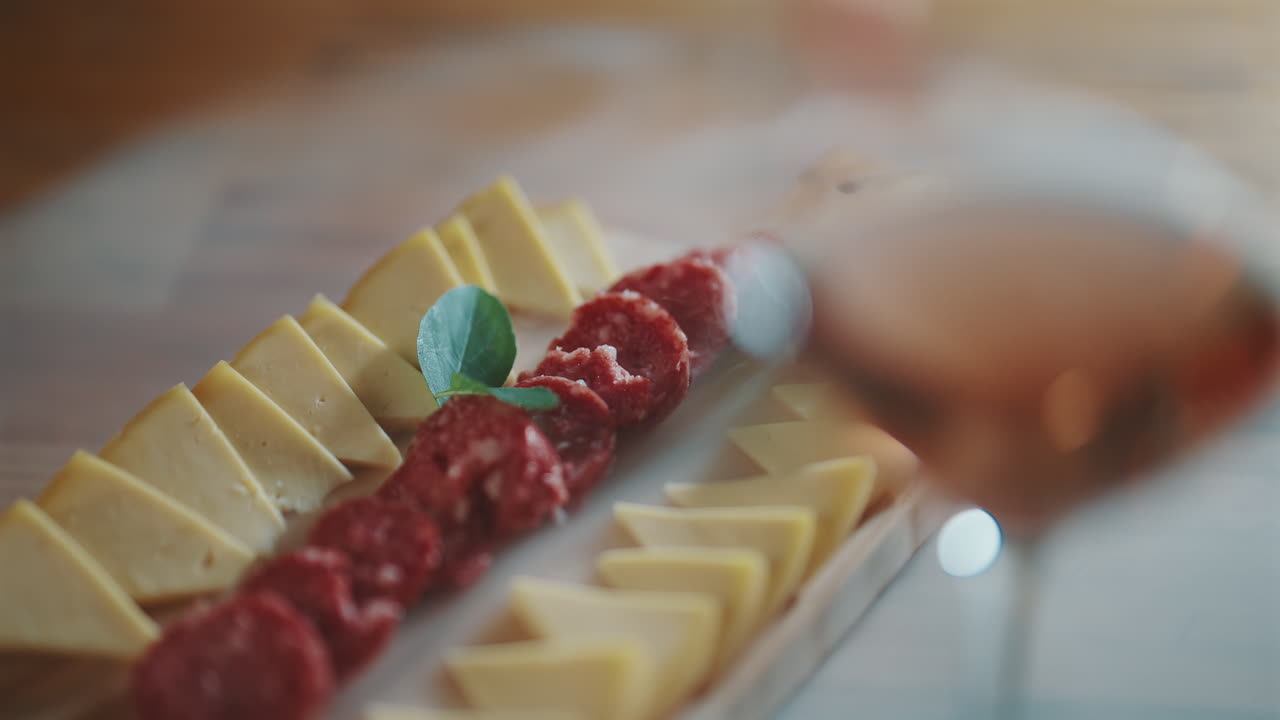 plato de queso y salami acompañado de una copa de vino en una cena en un restaurante de lujo