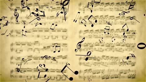 music notes falling on the blurred background with old music sheet