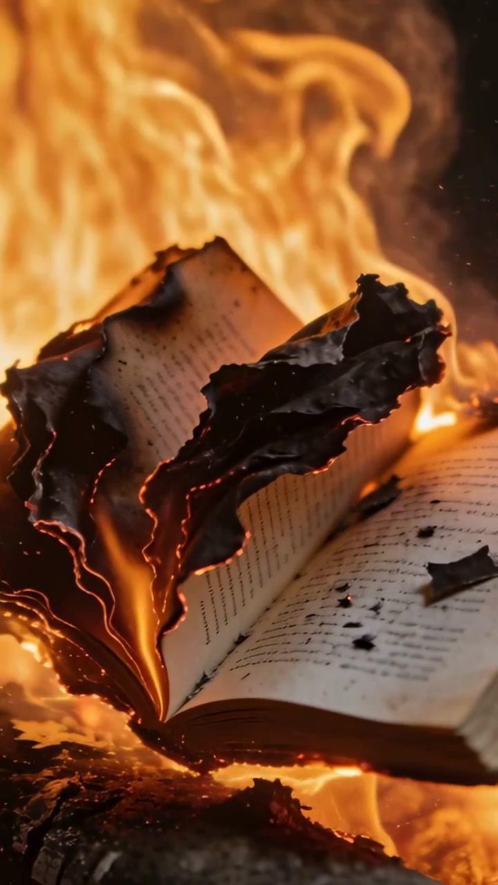 Вертикальное видео: Пламя касается книги с текстом, страницы скручиваются и обугливаются на бревне, падают угольки