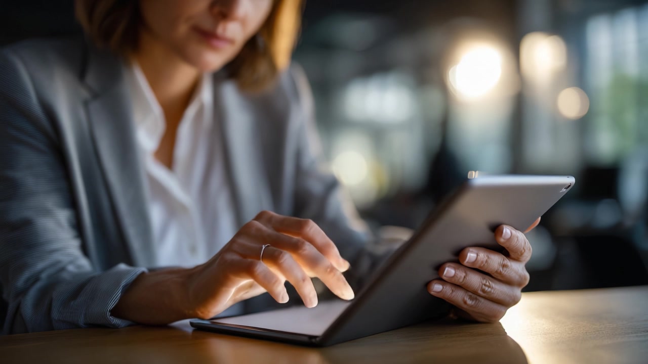Professional woman in a business suit engages with her tablet, showcasing the modern lifestyle and technology in a contemporary office space.