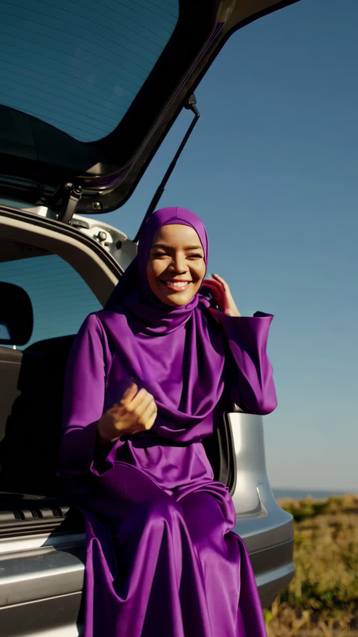 Happy Young Woman in Purple Hijab Relaxing in Car Trunk Outdoors
