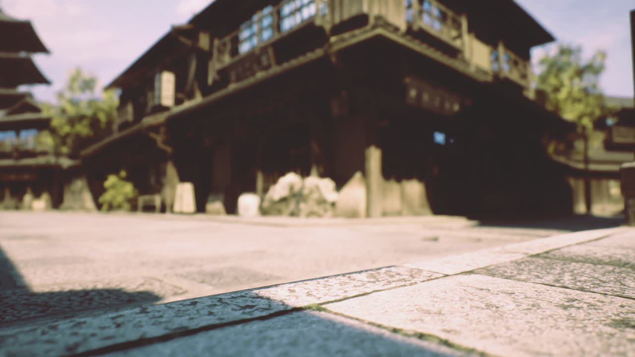 Ancient village features cobblestone paths in traditional architecture