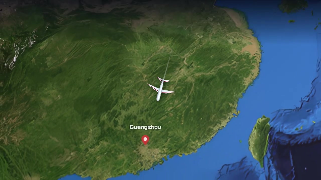 A 3D animation tracks a commercial airplane flying from Charlotte, USA, to Guangzhou, China