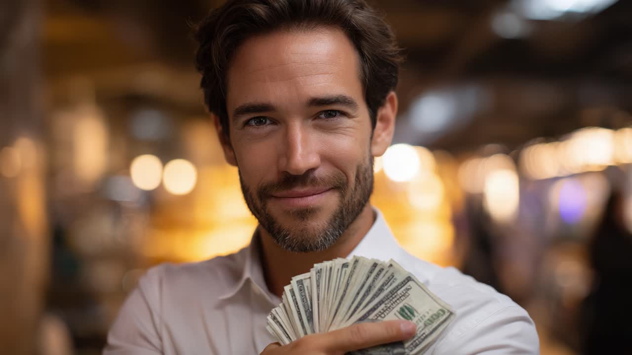 Uomo sicuro di sé che mostra dei soldi, sorridendo cordialmente in un ambiente accogliente, catturando un momento di successo finanziario e realizzazione personale con entusiasmo