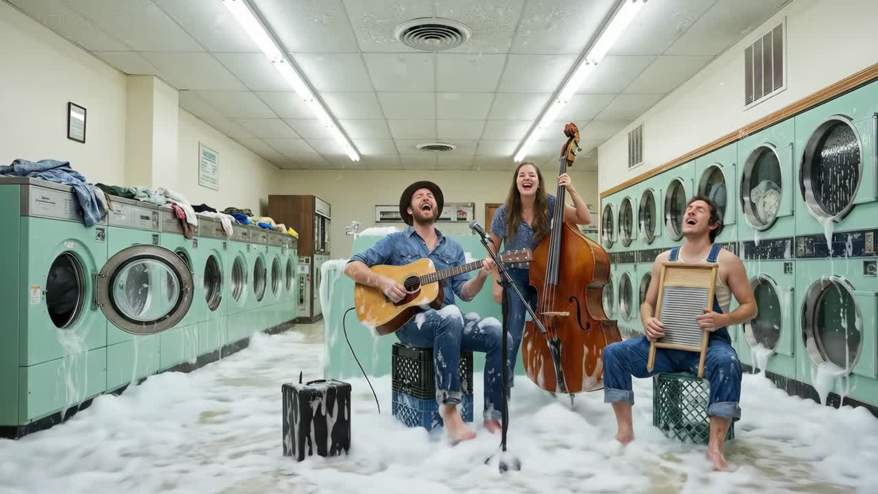 Musicians Perform in a Chaotic Laundromat with Overflowing Soap Suds