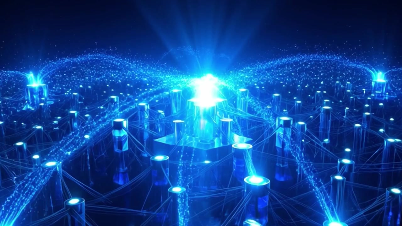 Abstract Digital Network Connecting Data Nodes with Glowing Blue Light Particles