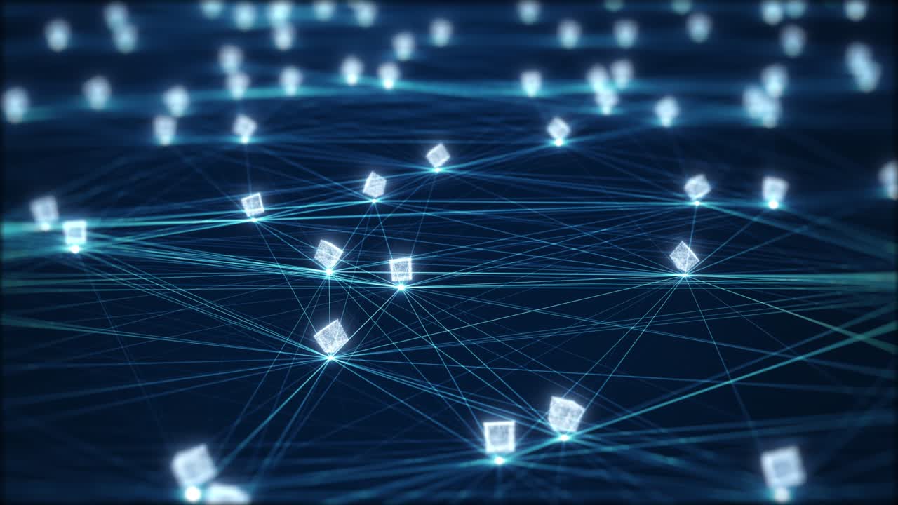 concepto de red de cadena de bloques. bloques digitales isométricos código cuadrado conexión de grandes datos con tecnología de libro mayor distribuido, negocio de finanzas de criptomonedas.