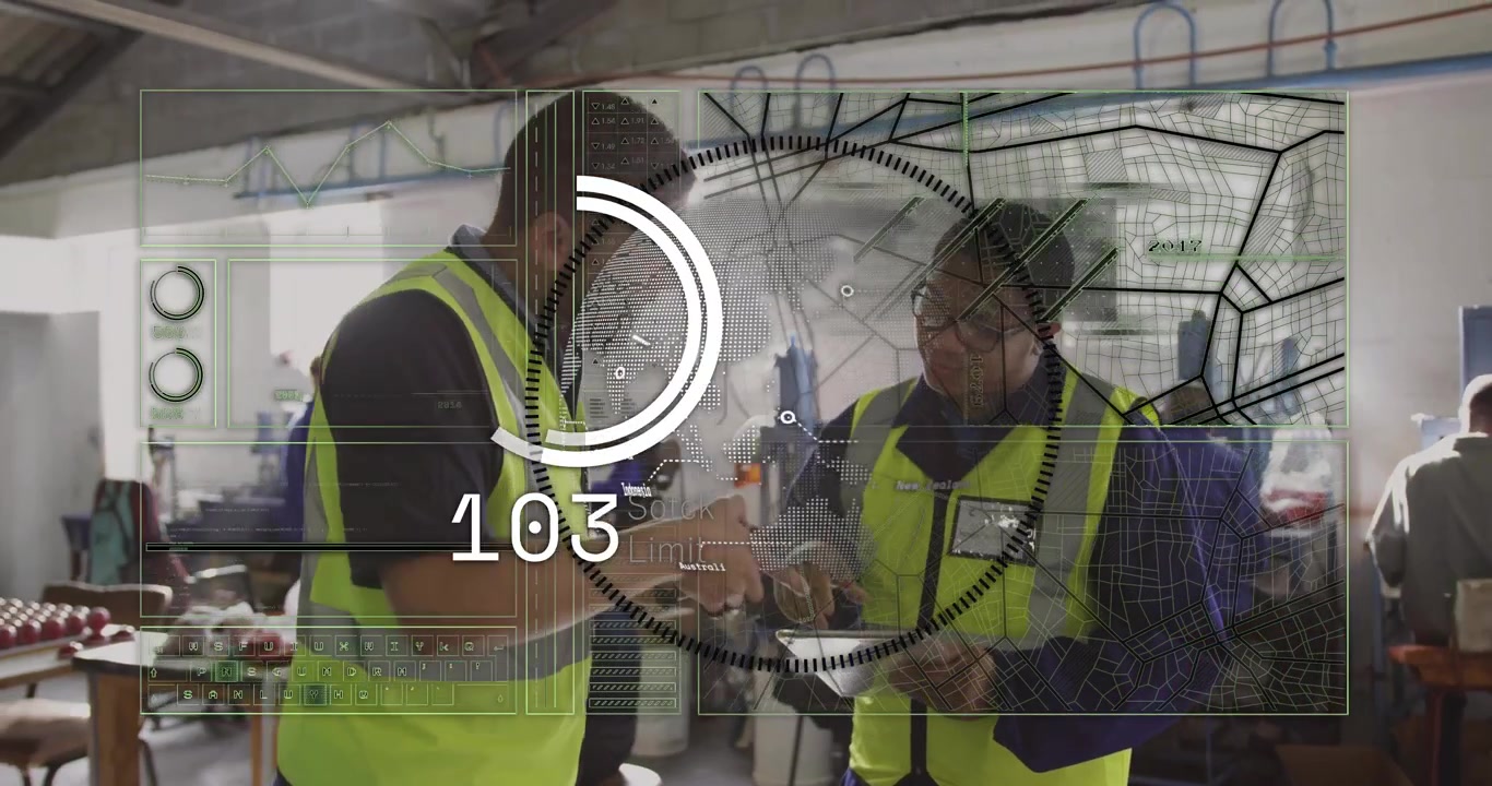 Two male workers inspecting red component after HUD appearing, consulting tablet to verify part