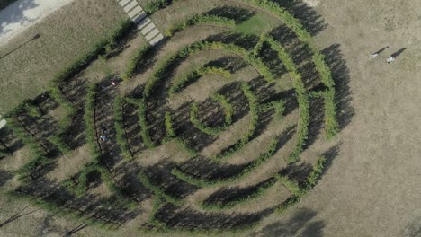 Toma-Aérea-De-Alta-Definición-De-Un-Laberinto-En-Un-Parque-En-Un-Día-Soleado