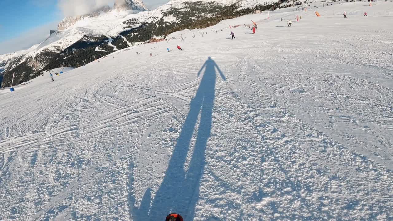 FPV POV of alpine skiing in Dolomites, Italy