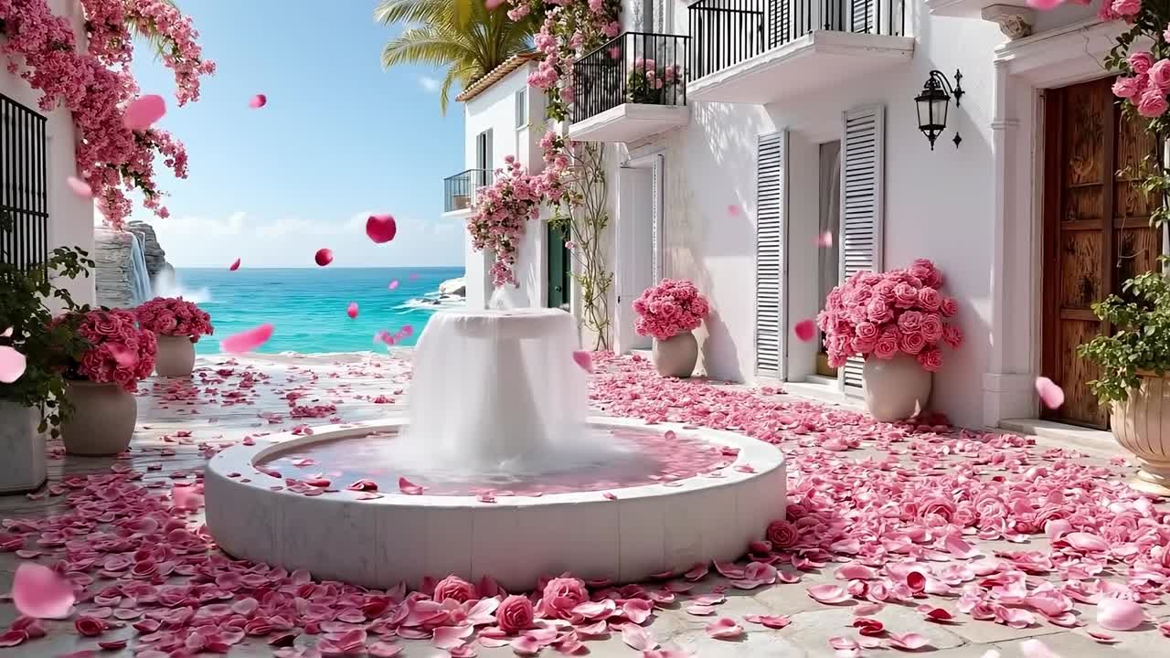A fountain surrounded by pink roses on the ground next to the ocean