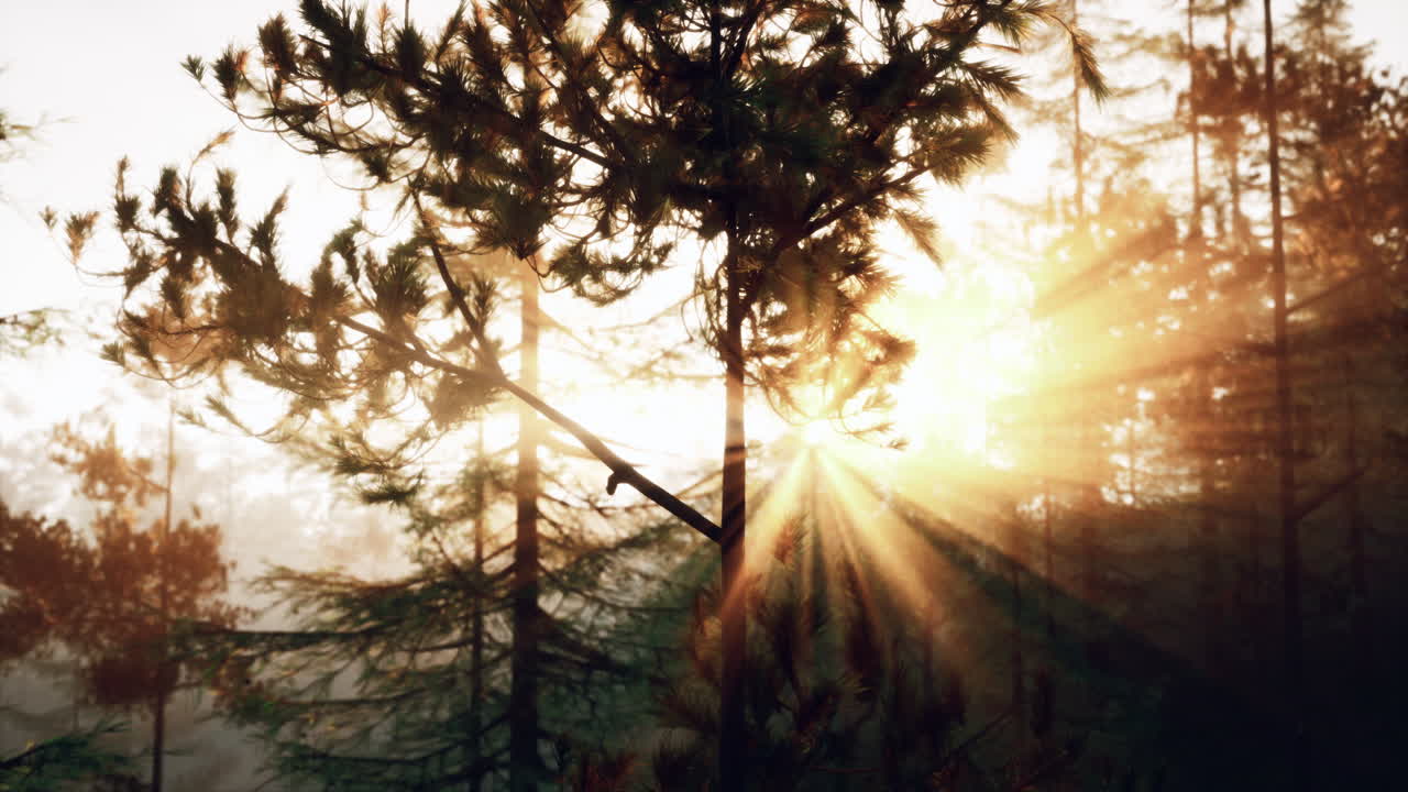 안개 숲에서 나무를 통해 해가 뜨는