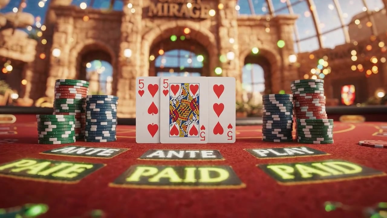 Uma Cena de Cassino Vibrante Exibindo uma Mesa de Poker com Cartas e Fichas Sob uma Cúpula Brilhantemente Iluminada no Ambiente do Cassino Desert Mirage