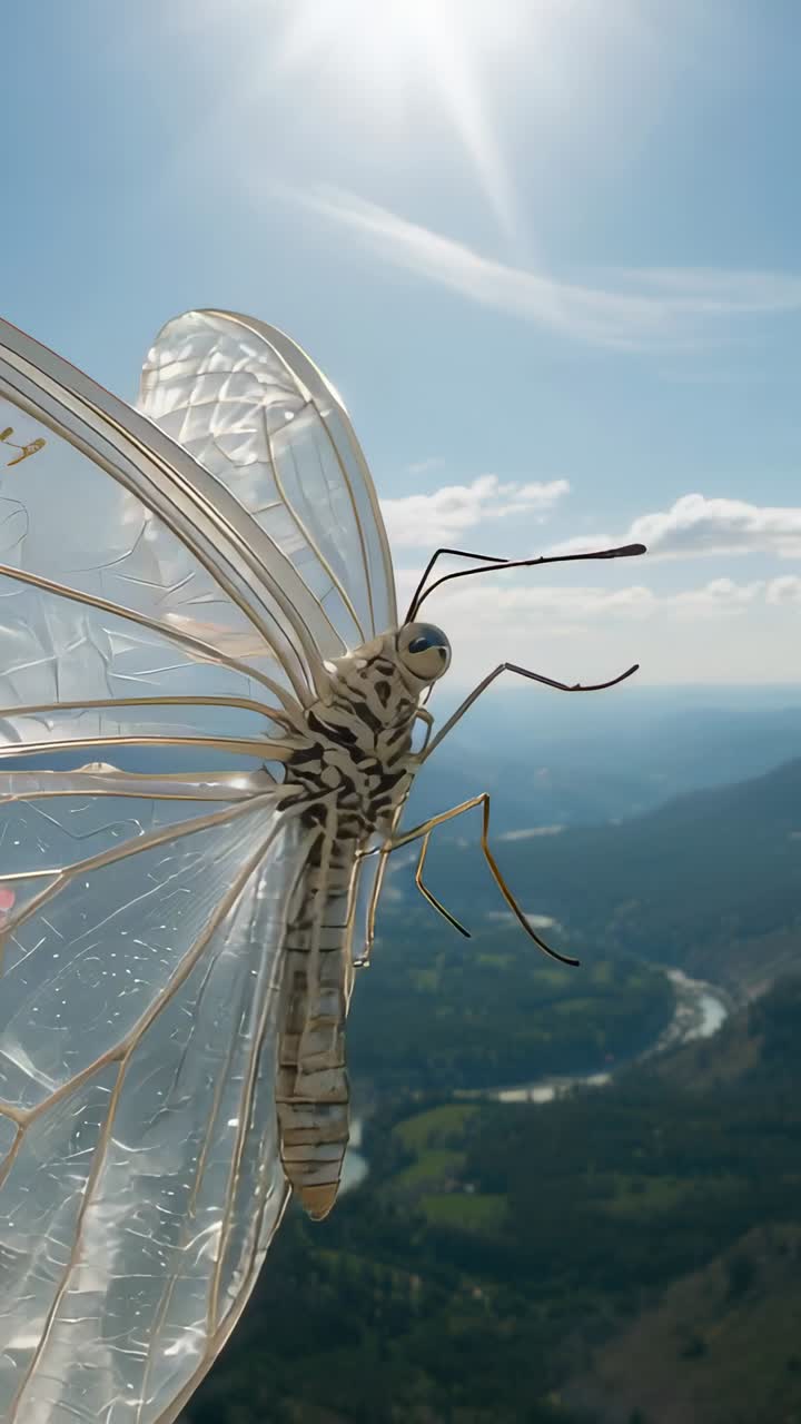 Vertikales Video: Sonne einfangen, Schmetterling bewegt und streckt Fühler an einer Klippe aus, Fluss unterhalb