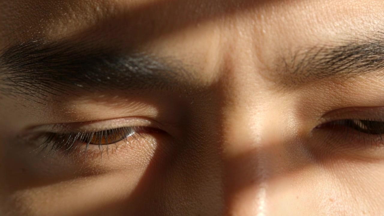 Holding closed eyelids, adult male making subtle brow tightening near blinds as sunlight shifting
