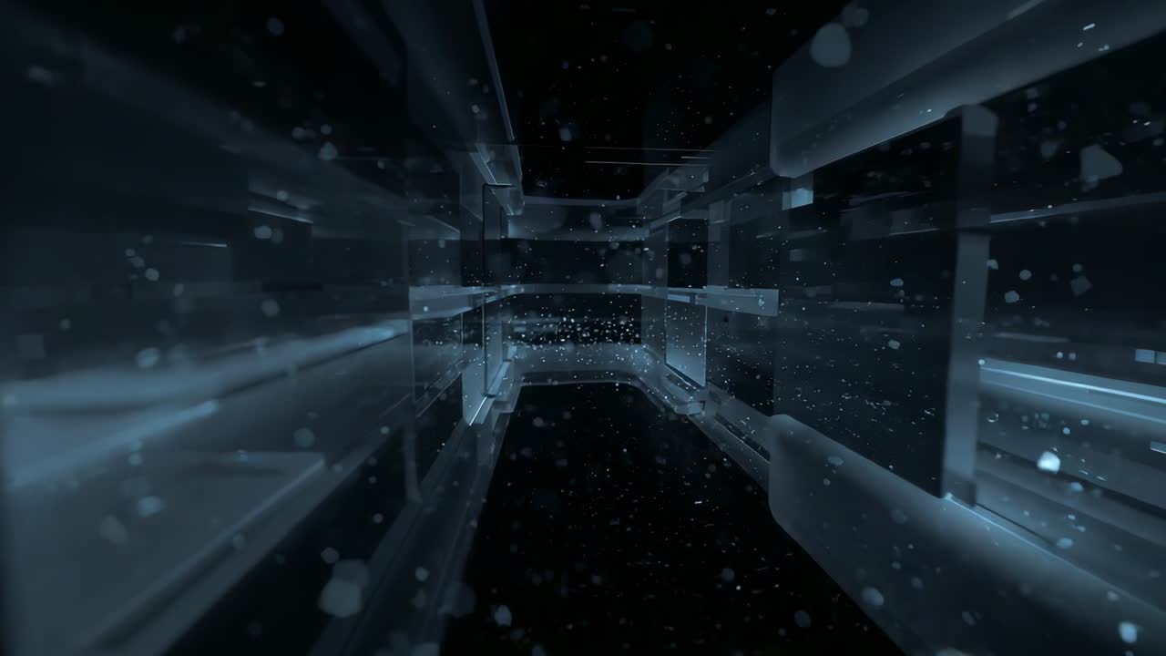 Play sending camera through glass panels corridor, particles streaking, light streaks nearing void