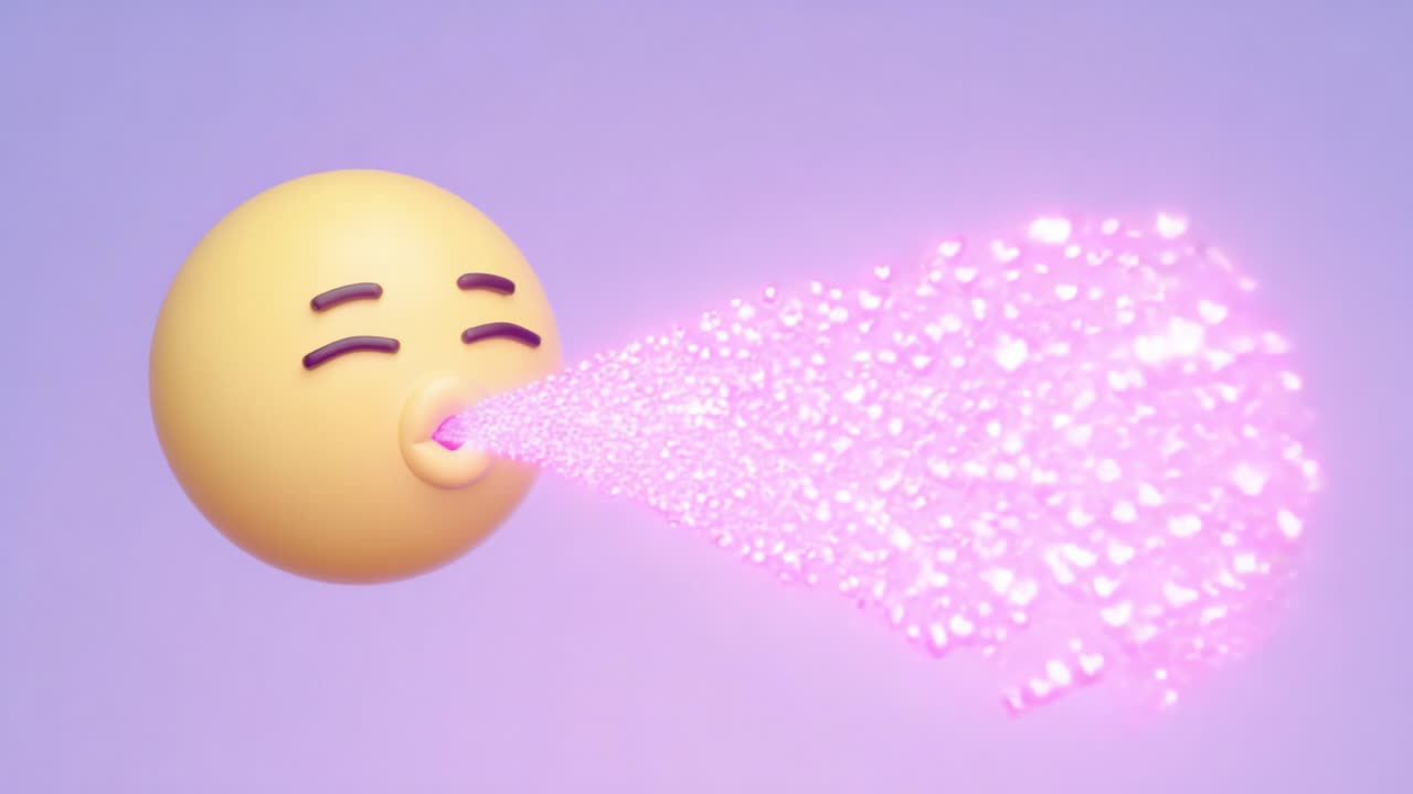 A joyful emoji character exuding a stream of vibrant pink hearts, symbolizing love and happiness, set against a soft purple background that enhances the lighthearted mood of the scene