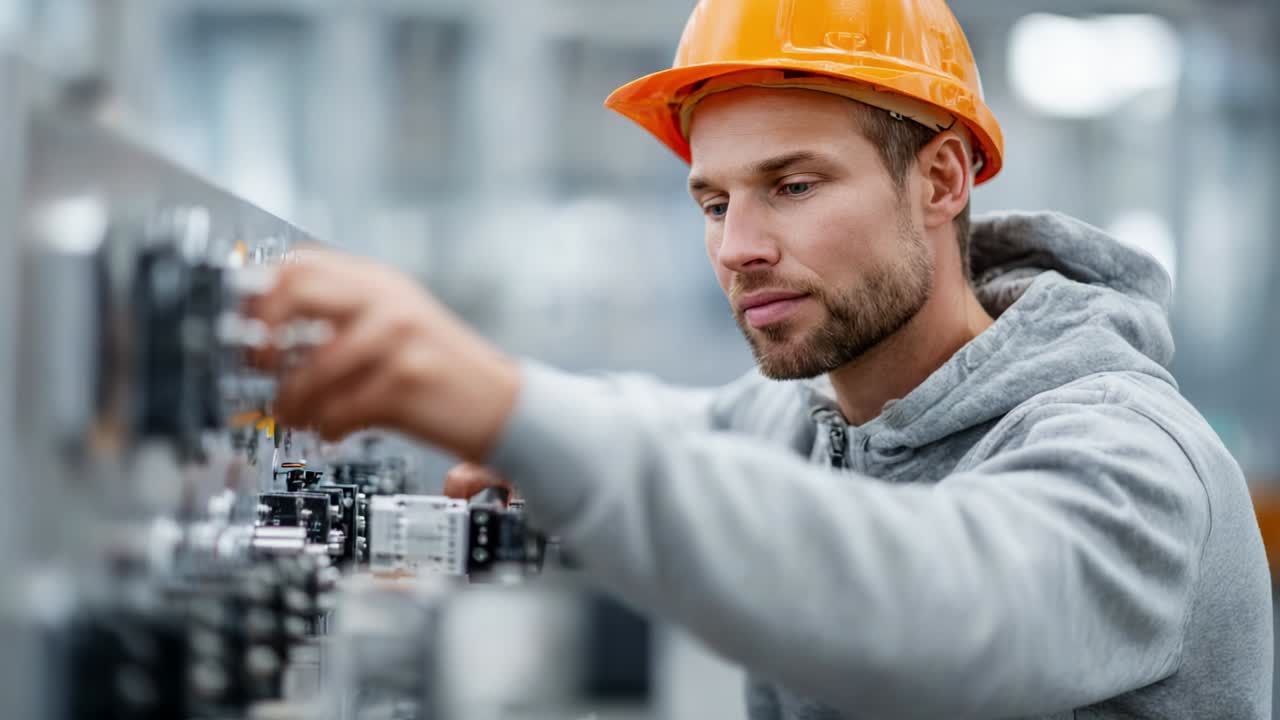 Focused Technician in Safety Gear Adjusts Complex Electrical Control Panel with Precision, Ensuring Optimal Functionality in a Modern Industrial Environment
