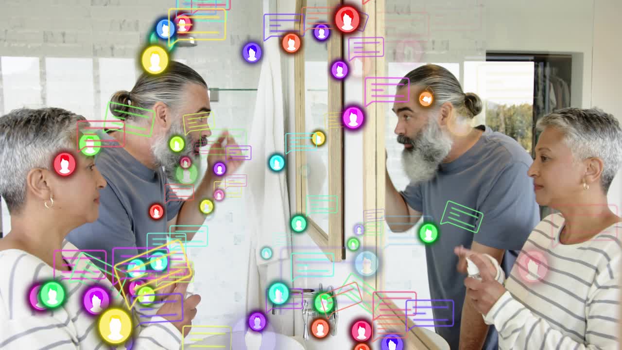 Man leaning into mirror starting beard grooming, chat icons floating across frame, woman joining