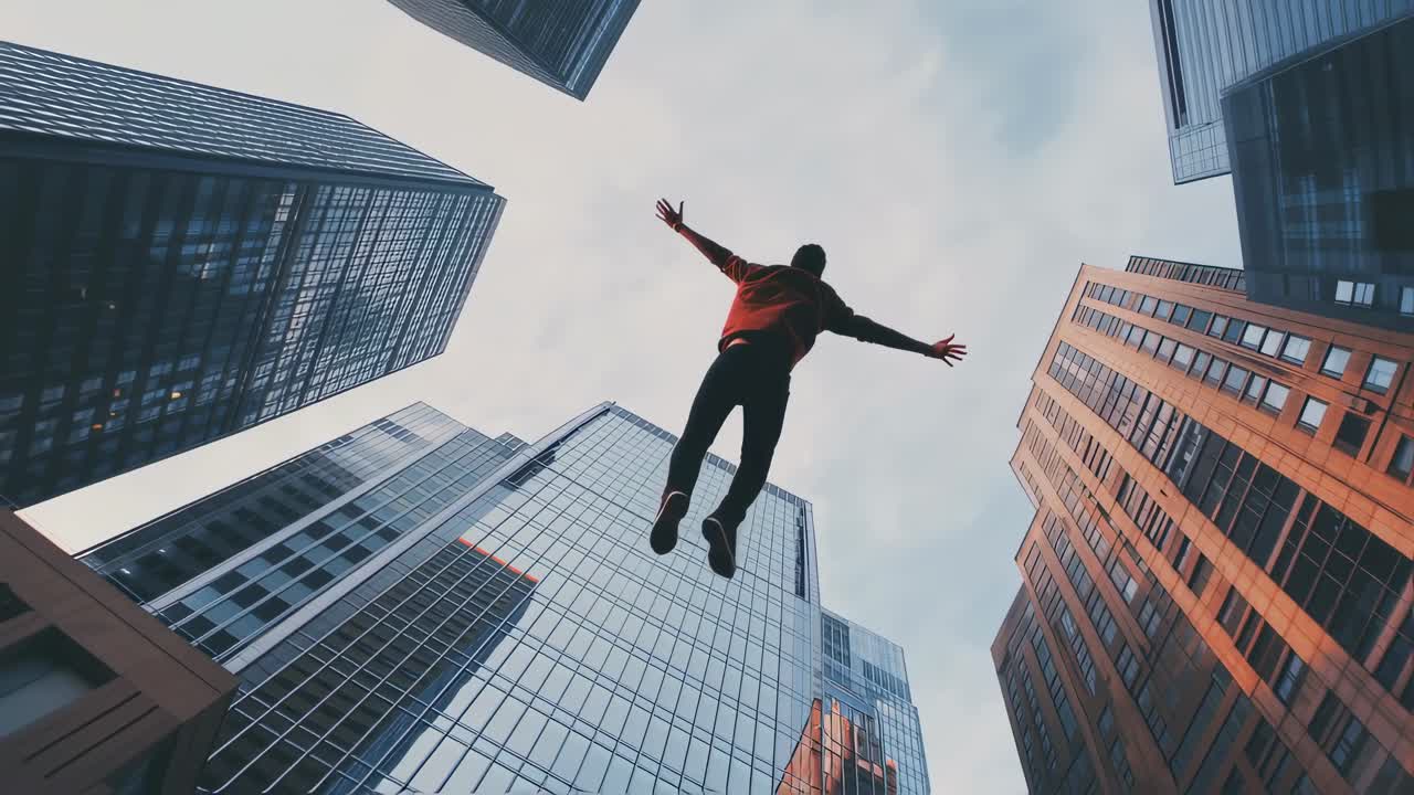 Urban landscape revealing extreme athlete jumping between towering skyscrapers, personifying raw courage, boundless freedom, and powerful human potential against dramatic metropolitan skyline