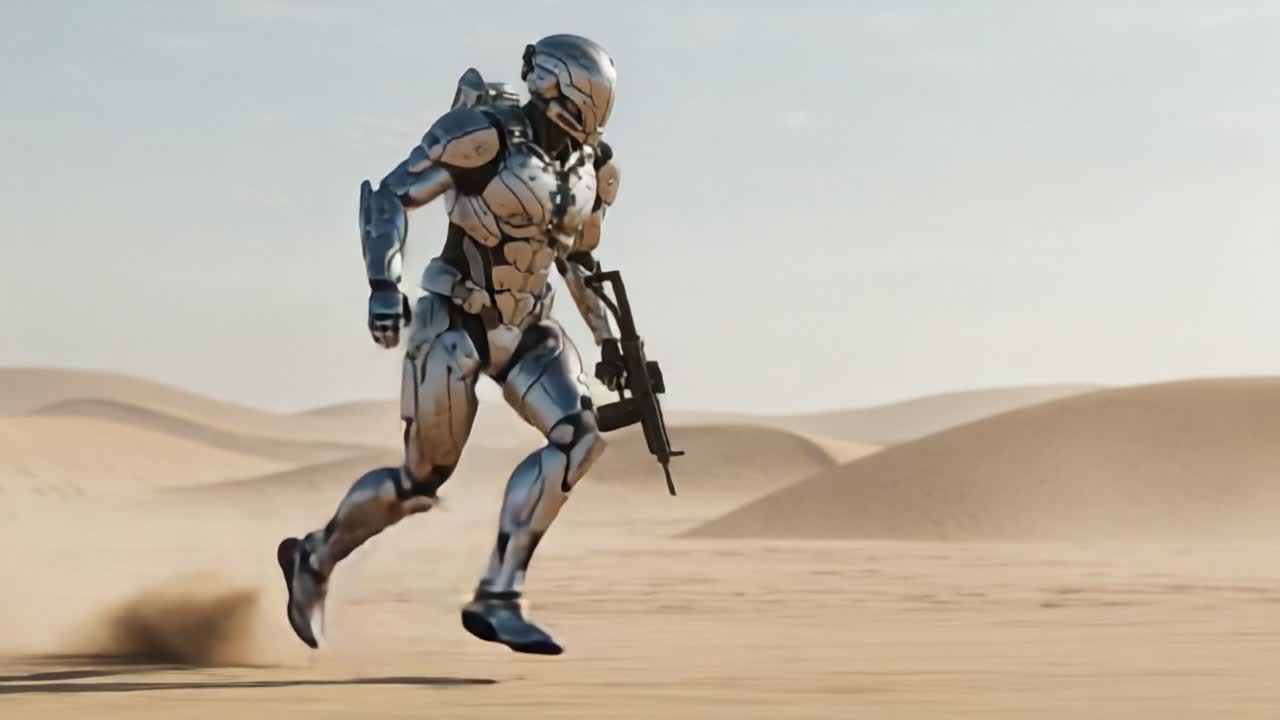 A futuristic combat robot navigates a vast desert landscape, showcasing advanced technology and agility while carrying a firearm in a desolate environment