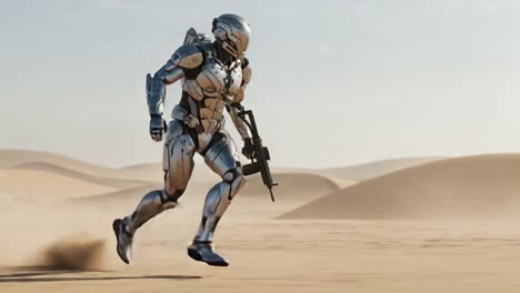 a futuristic combat robot navigates a vast desert landscape, showcasing advanced technology and agility while carrying a firearm in a desolate environment