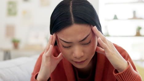 headache, stress and burnout with an asian woman